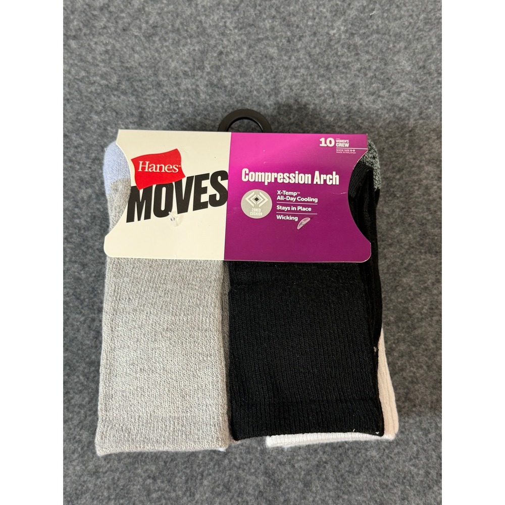 Hanes Moves Crew Socks Women 10 Pack Multi-Color NWT Compression Arch X-Temp
